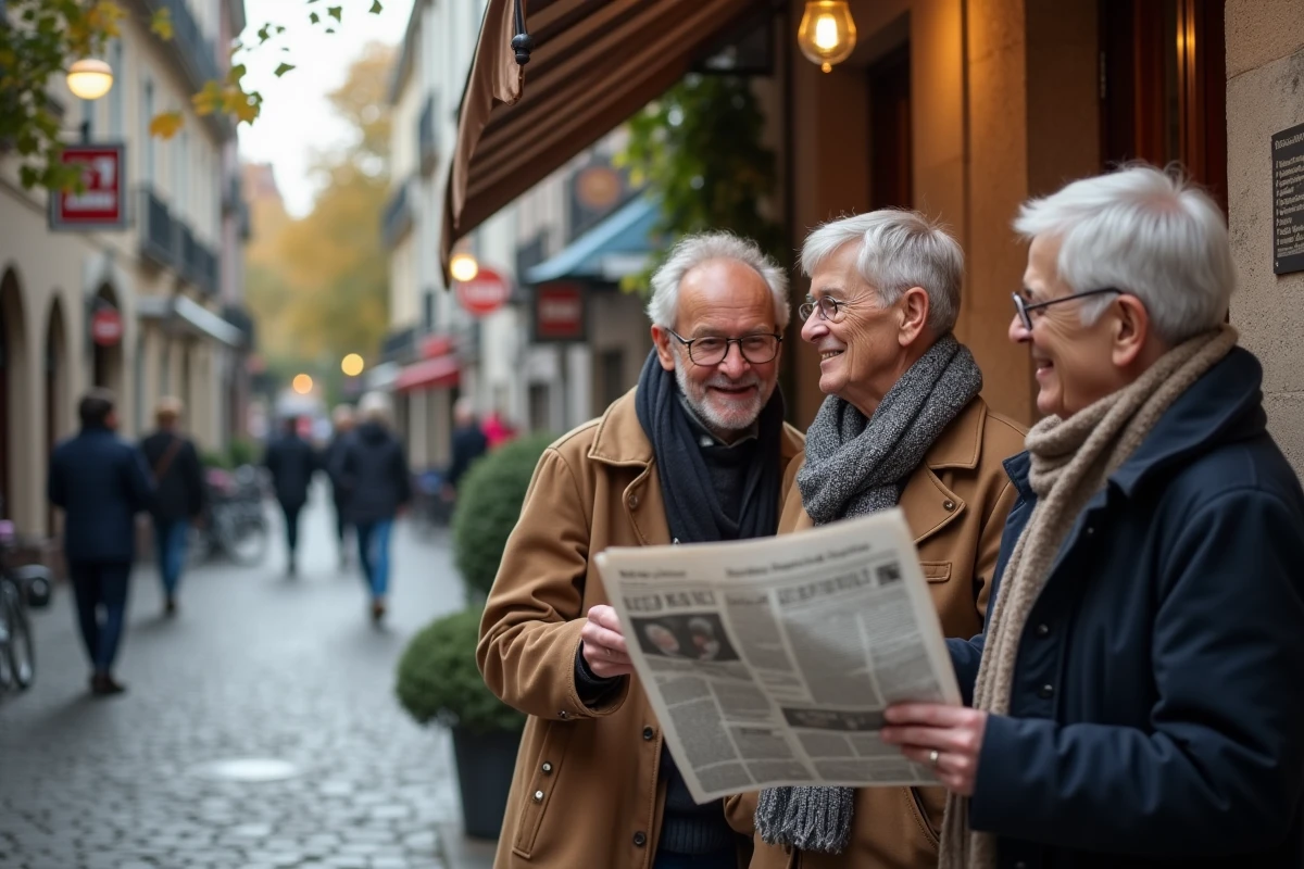 Groupe de personnes discutant devant un café parisien