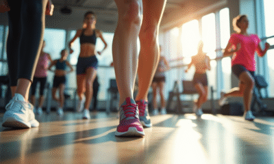 Groupe de femmes sportives dans une salle lumineuse avec chaussures de sport colorées