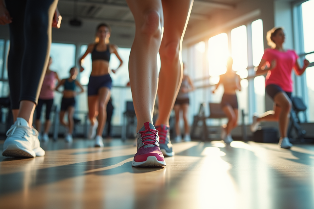 Groupe de femmes sportives dans une salle lumineuse avec chaussures de sport colorées