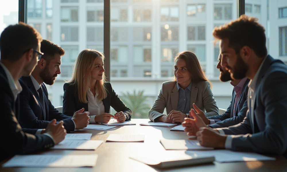 Groupe de professionnels en réunion dans un bureau lumineux
