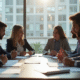 Groupe de professionnels en réunion dans un bureau lumineux