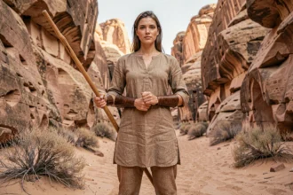 Femme guerrière Aiel en tenue traditionnelle tenant un bâton d'entraînement dans un canyon désertique aux parois de grès ocre