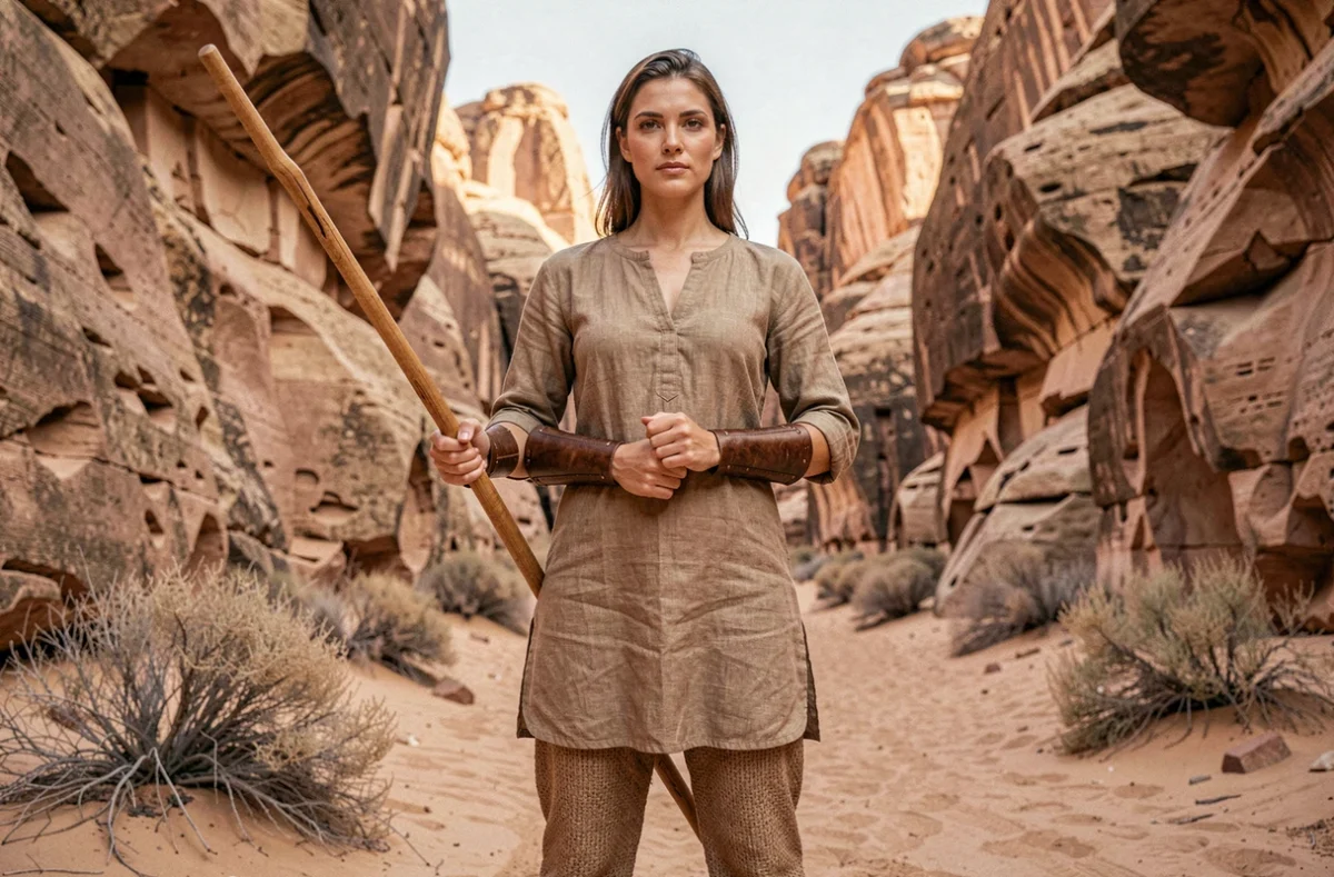 Femme guerrière Aiel en tenue traditionnelle tenant un bâton d'entraînement dans un canyon désertique aux parois de grès ocre