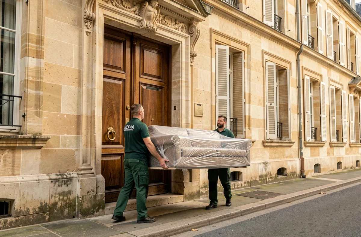 Deux déménageurs Hexvia portant un canapé emballé à travers le portail sculpté d'un hôtel particulier en pierre de Besançon