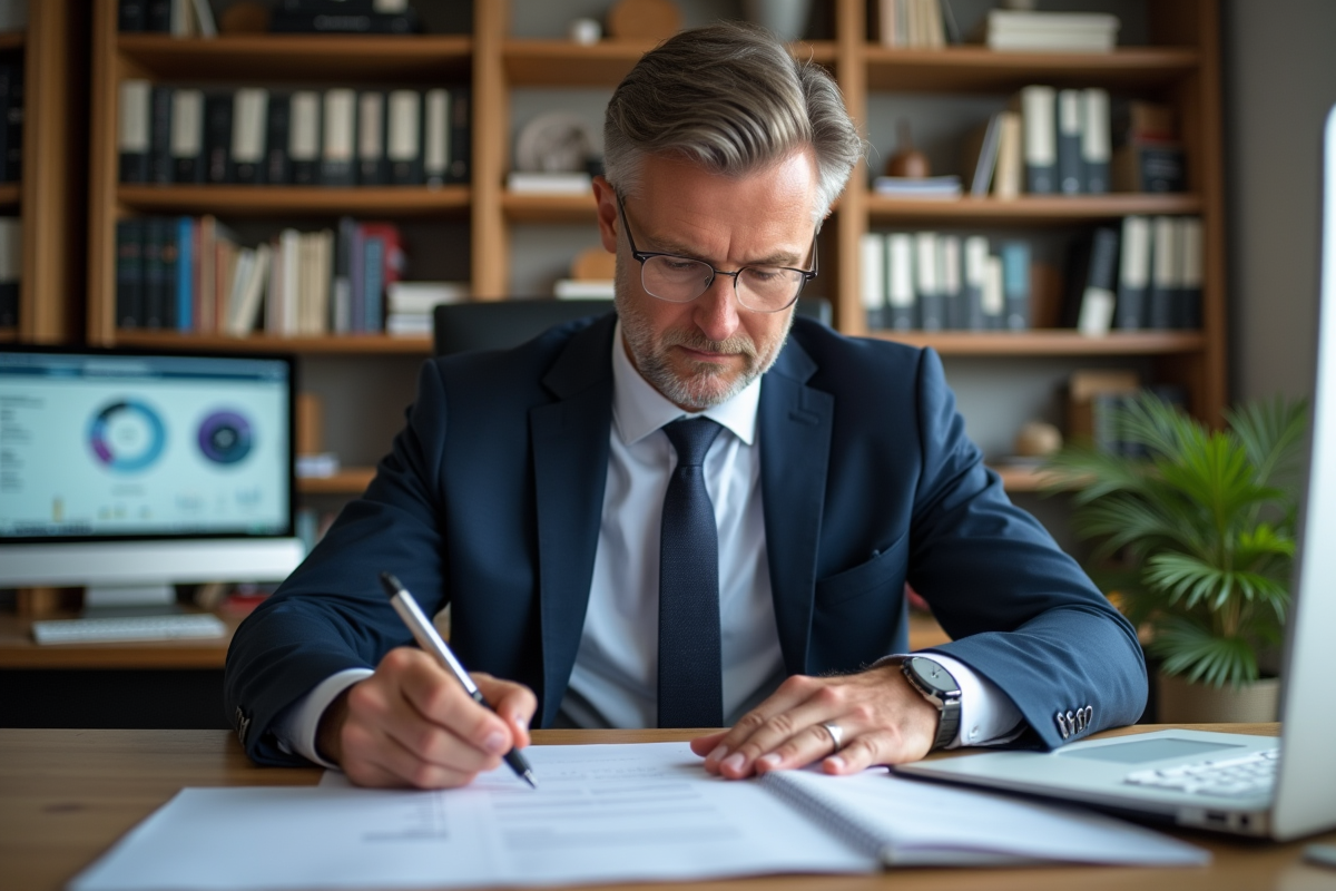 Homme d affaires français examinant des formulaires fiscaux dans un bureau moderne