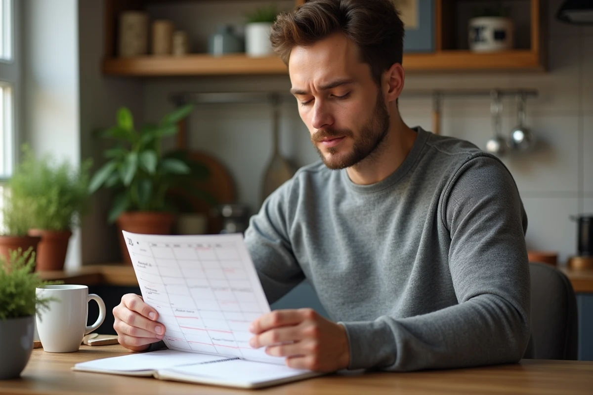 Homme consultant un agenda annuel 2026 avec dates clés cerclées à la cuisine