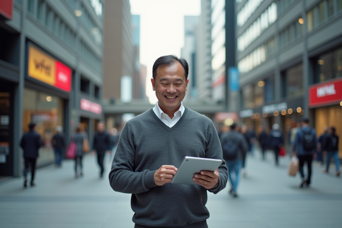 Homme asiatique souriant utilisant une tablette en ville