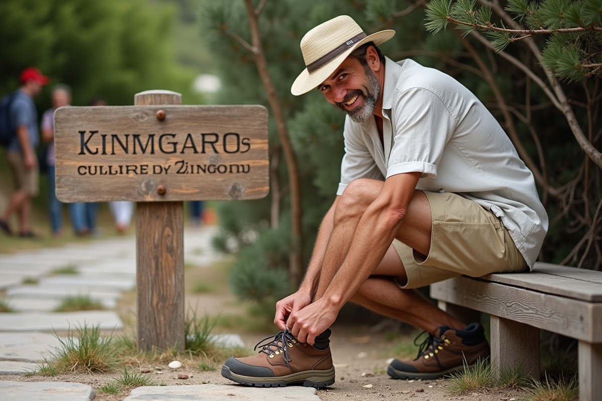 Homme attachant sa chaussure près du panneau du parc