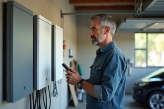 Homme d'âge moyen examinant une batterie domestique dans un garage