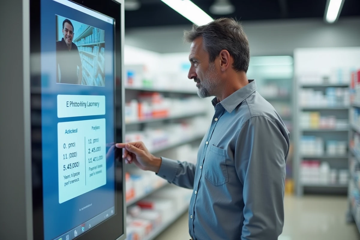 Homme consultant les options de prix pour e-photo et tirage papier sur une borne numérique en pharmacie