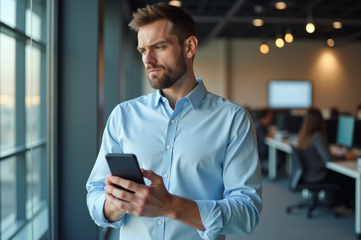 Homme en bureau hésitant à rappeler un numéro de téléphone suisse inconnu avec indicatif 41