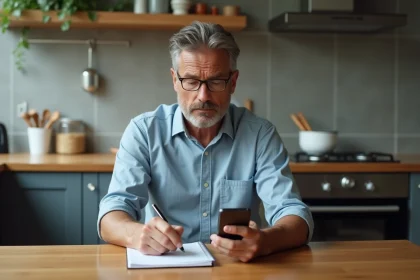 Homme d'âge moyen dans une cuisine moderne utilisant son smartphone