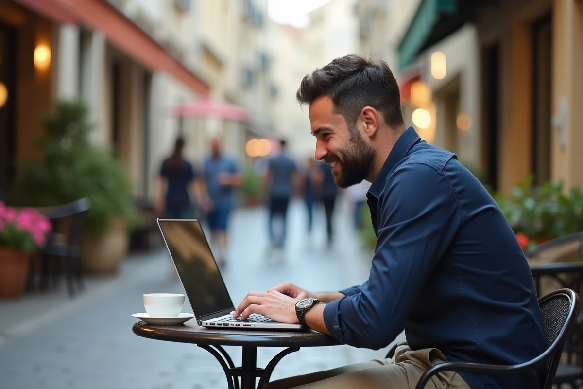 Homme célibataire utilisant un site de tchat en ligne depuis la terrasse d'un café en France