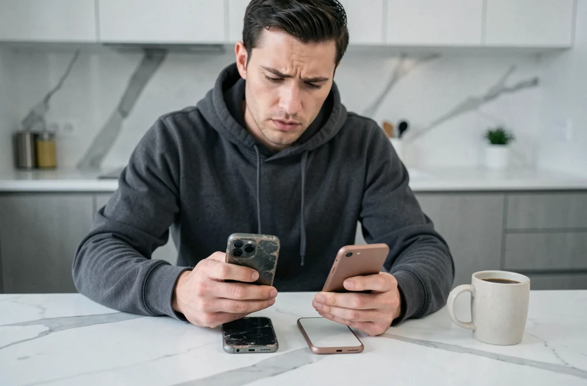 Homme comparant deux iPhones d'occasion sur un comptoir pour identifier les défauts avant achat