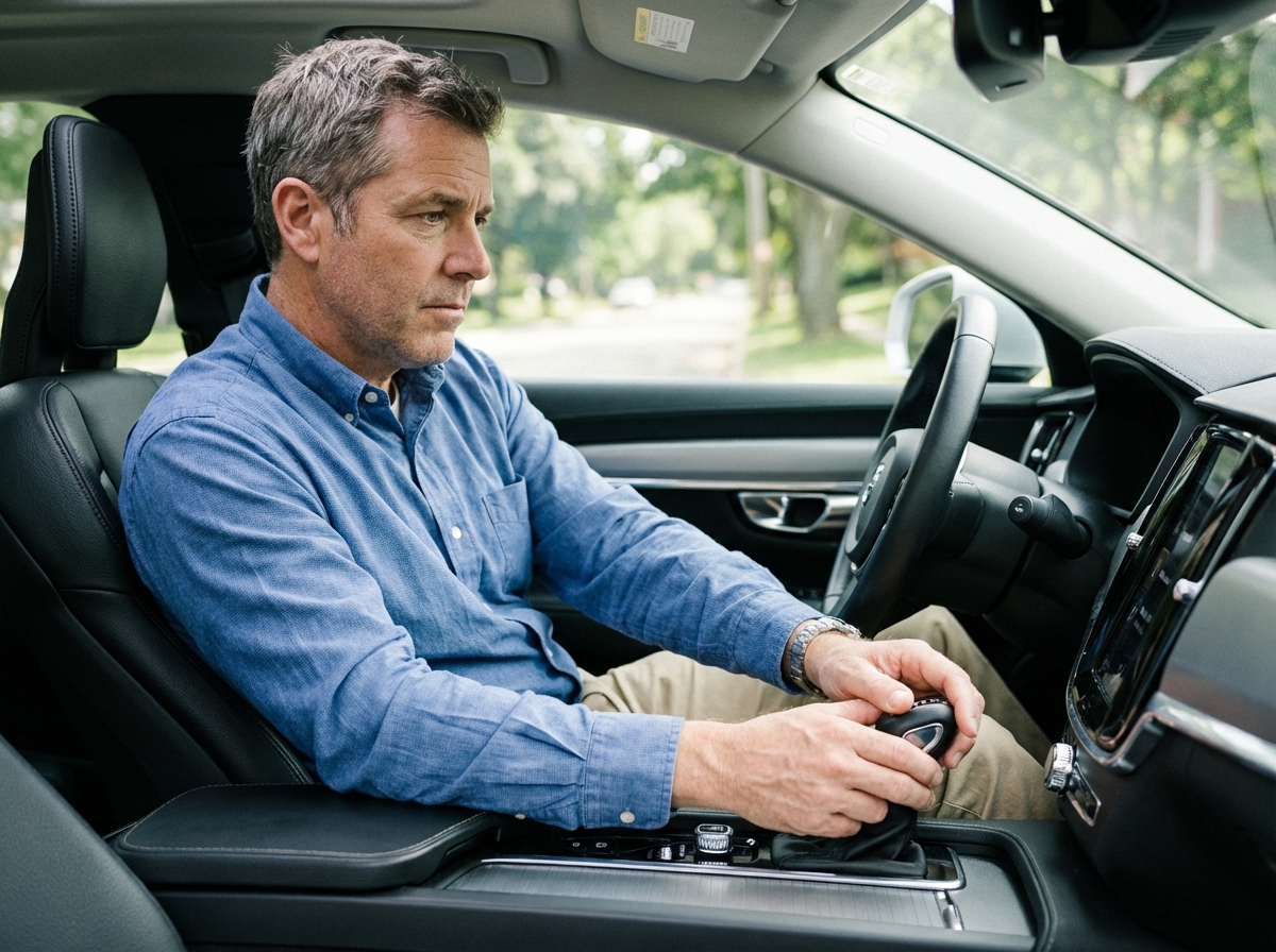 Homme d'âge moyen conduisant une voiture moderne en intérieur