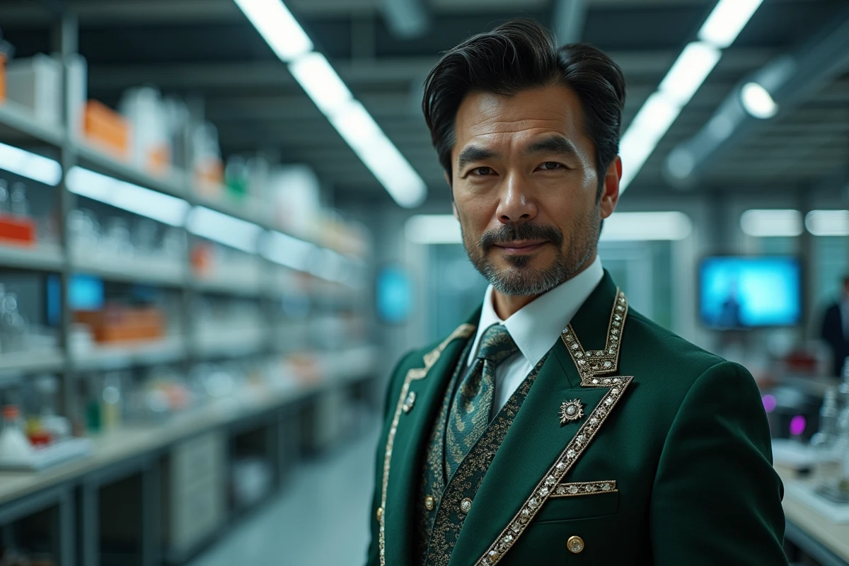 Homme élégant en costume vert dans un laboratoire moderne