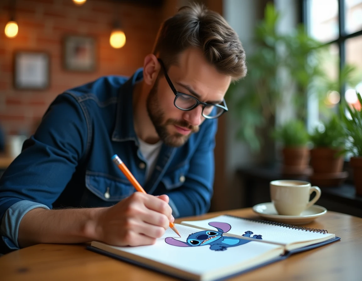 Jeune homme esquissant un personnage pixel art kawaii style Disney dans un café avec un carnet quadrillé