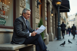 Homme d'âge moyen frustré devant une banque parisienne