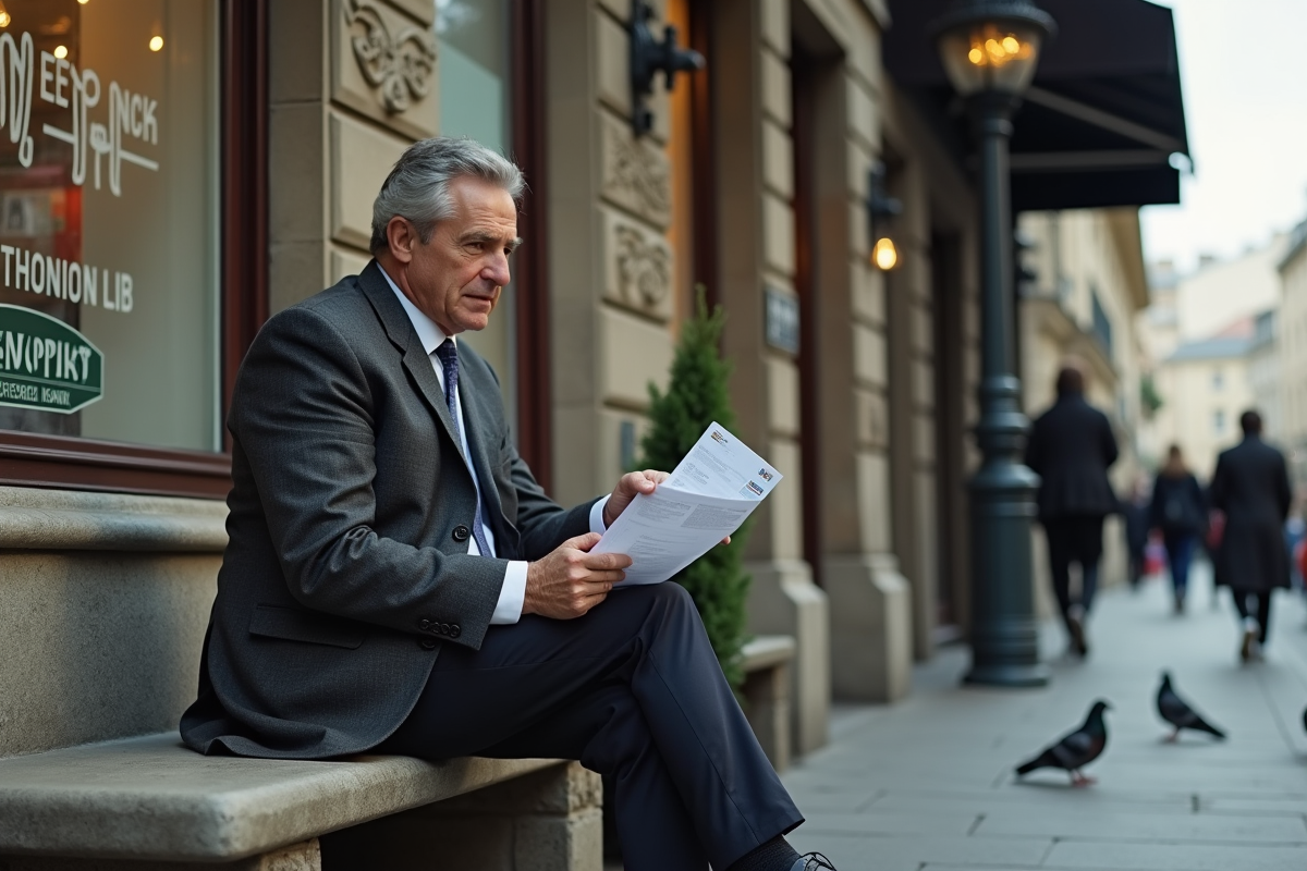 Homme d'âge moyen frustré devant une banque parisienne