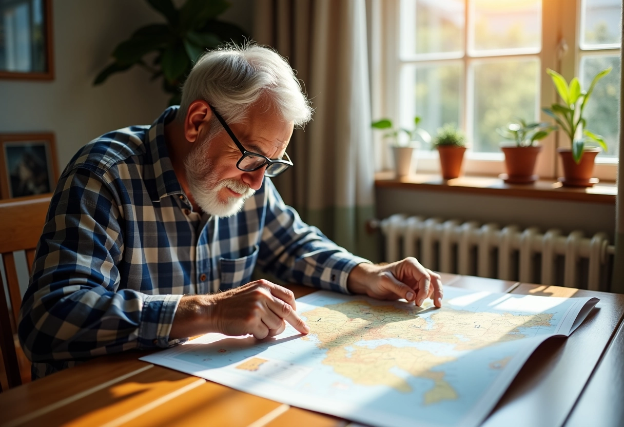 Homme âgé pointant une carte du monde près d