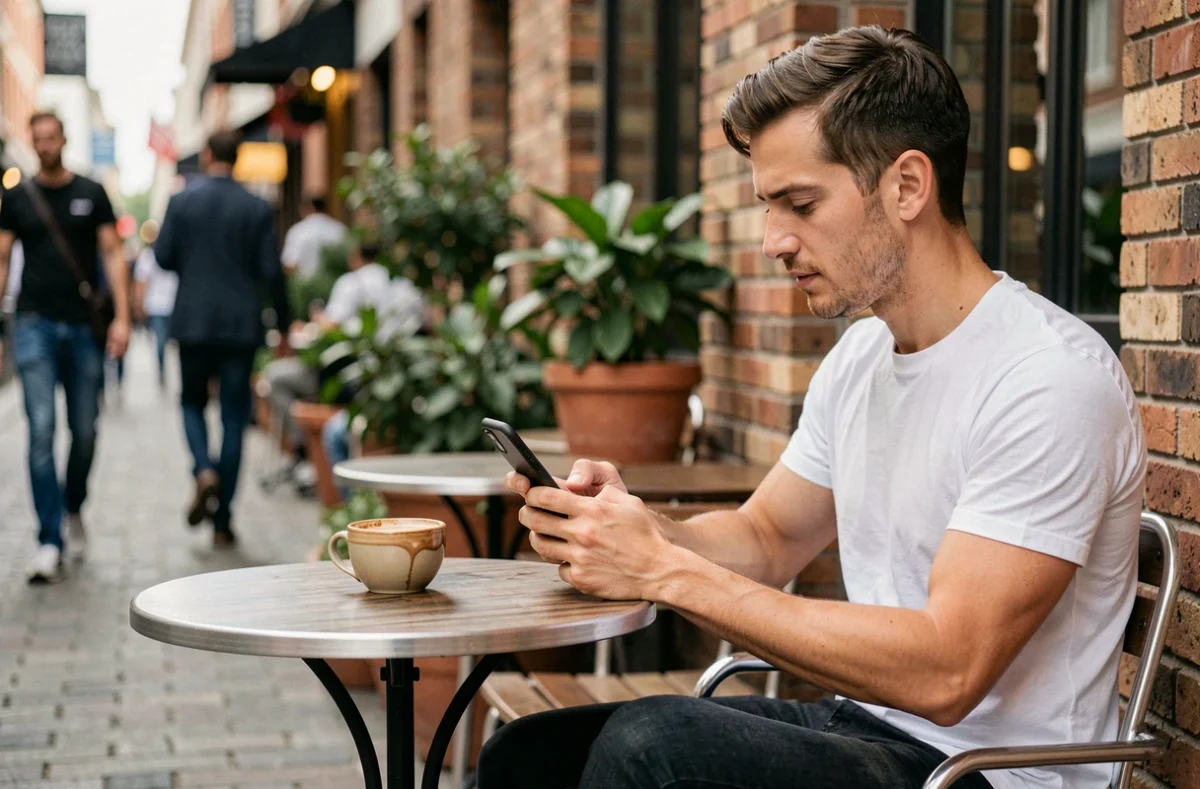 Homme jouant à un jeu mobile Monopoly GO en terrasse de café en ville pendant une pause