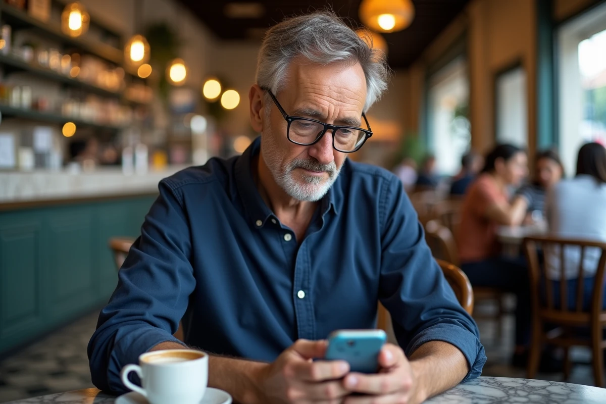 Homme d'âge mûr jouant à un jeu de mots sur smartphone dans un café urbain