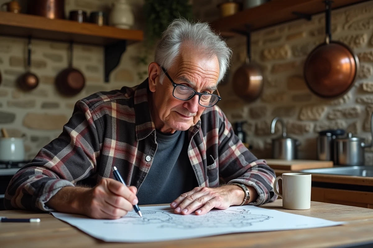 Homme âgé étiquetant une carte de France dans une cuisine chaleureuse