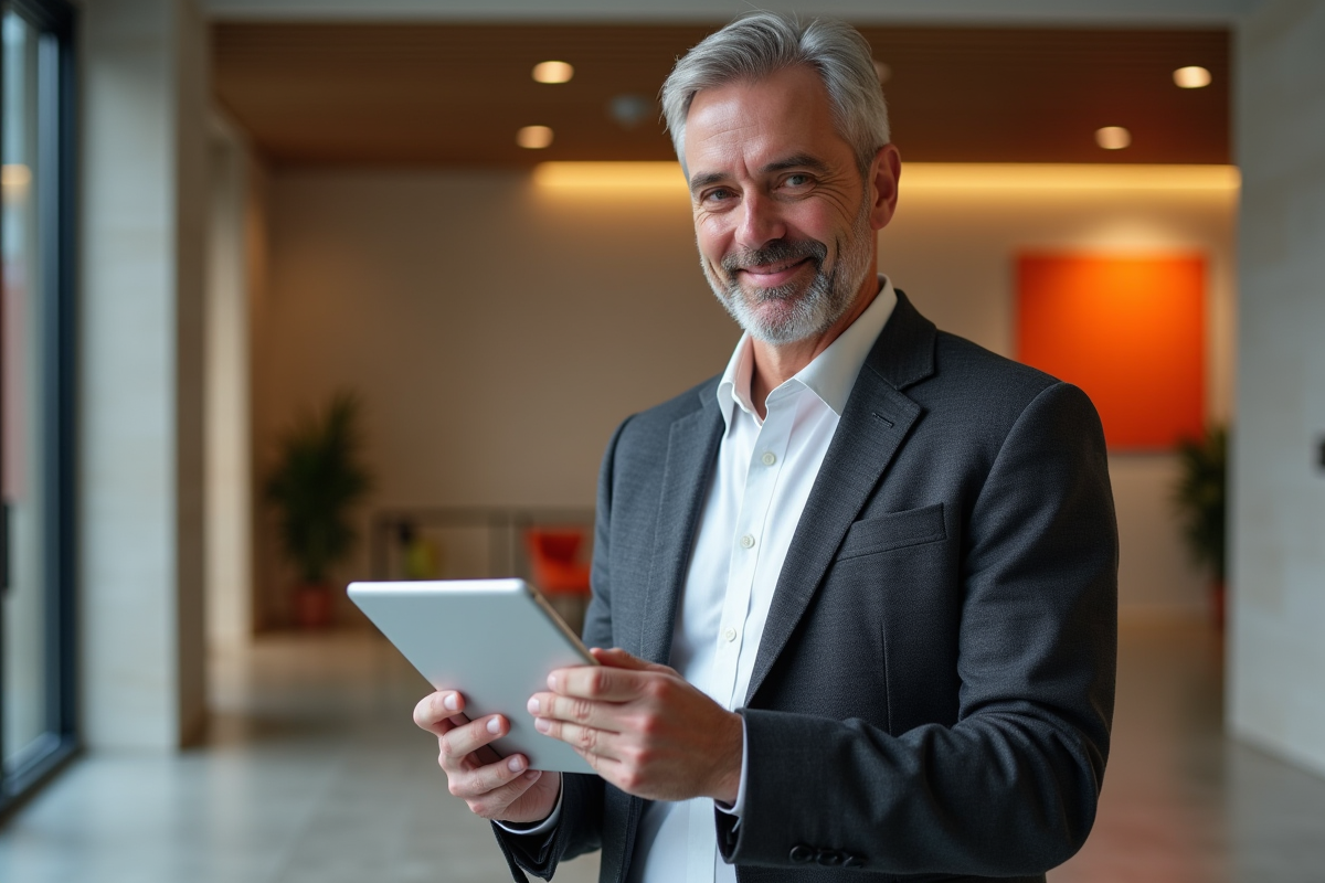 Homme dans un lobby professionnel utilisant une tablette Orange
