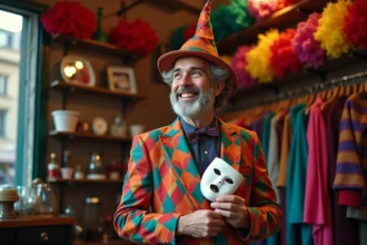 Homme en costume de harlequin ajustant un masque blanc à Paris