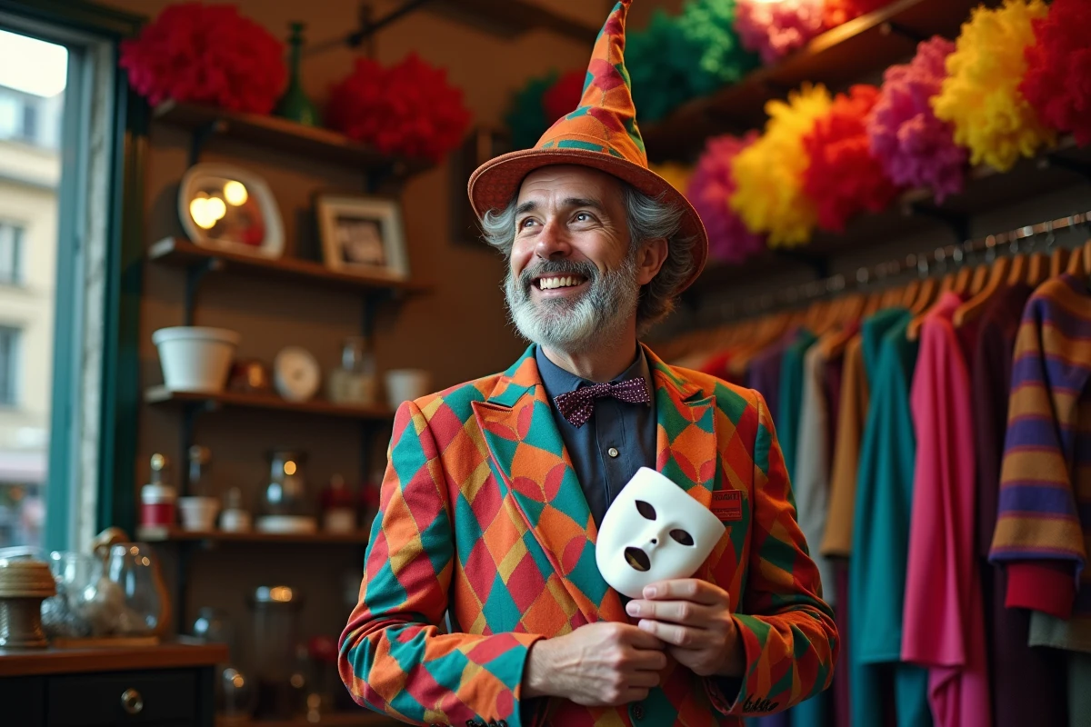 Homme en costume de harlequin ajustant un masque blanc à Paris