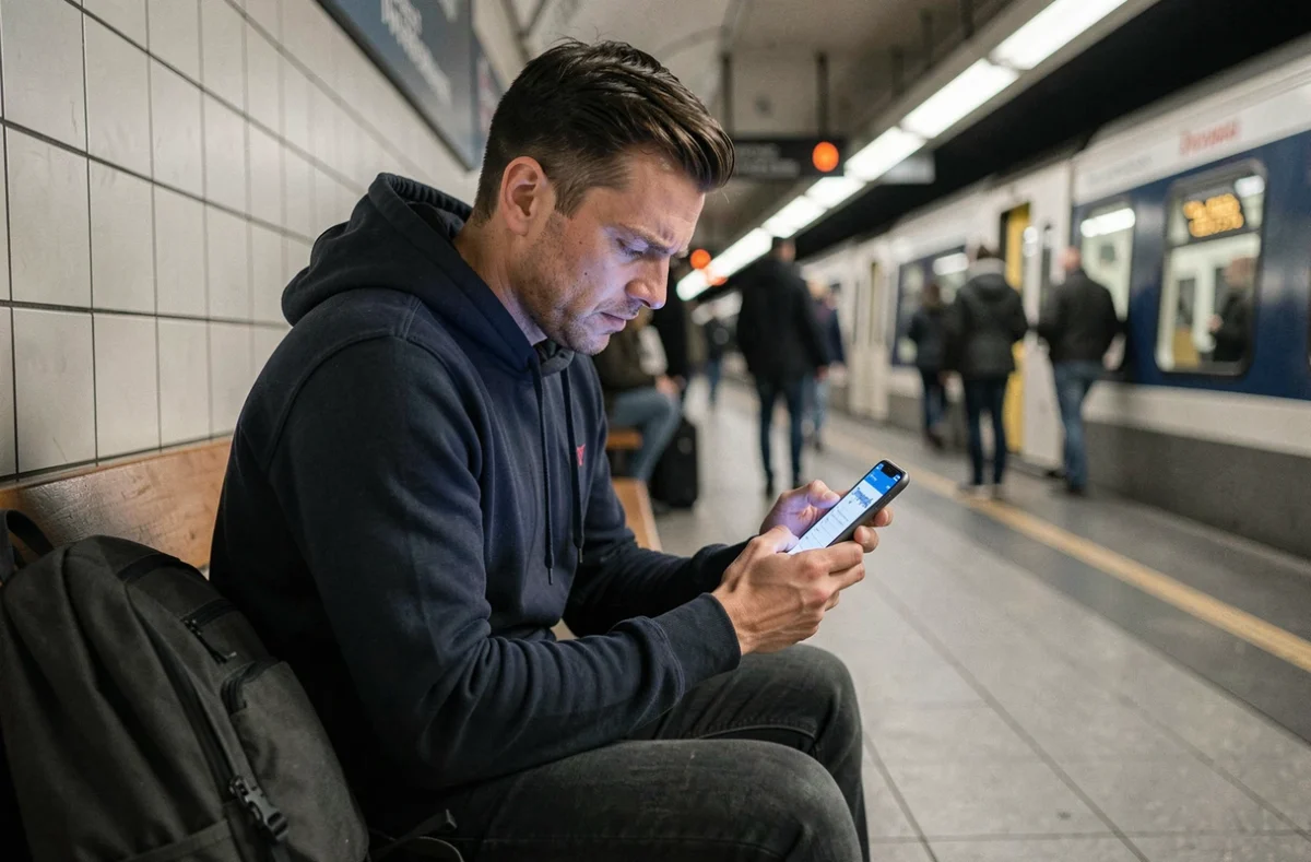 Homme dans le métro cherchant un point relais Chronopost en urgence sur son téléphone