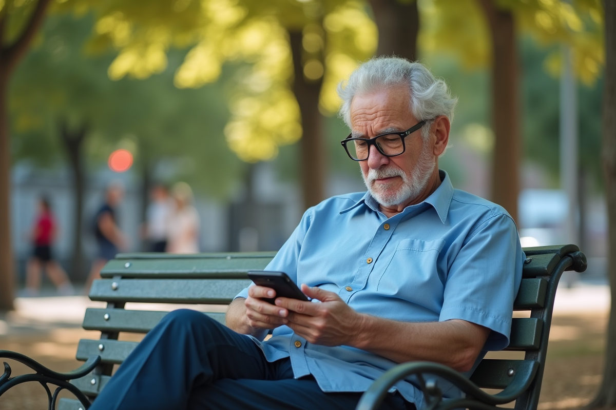Homme âgé regardant son smartphone dans un parc