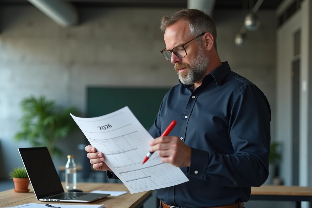 Homme consultant une feuille de planification trimestrielle 2026 imprimée dans un espace de travail moderne