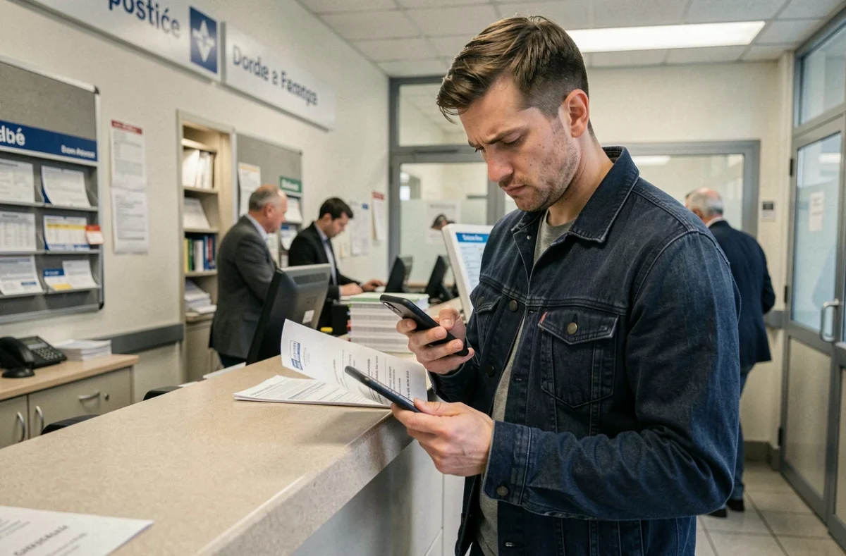 Homme à la poste vérifiant un avis de passage douteux lié à une arnaque au colis Remit Services Co Limited Colissimo