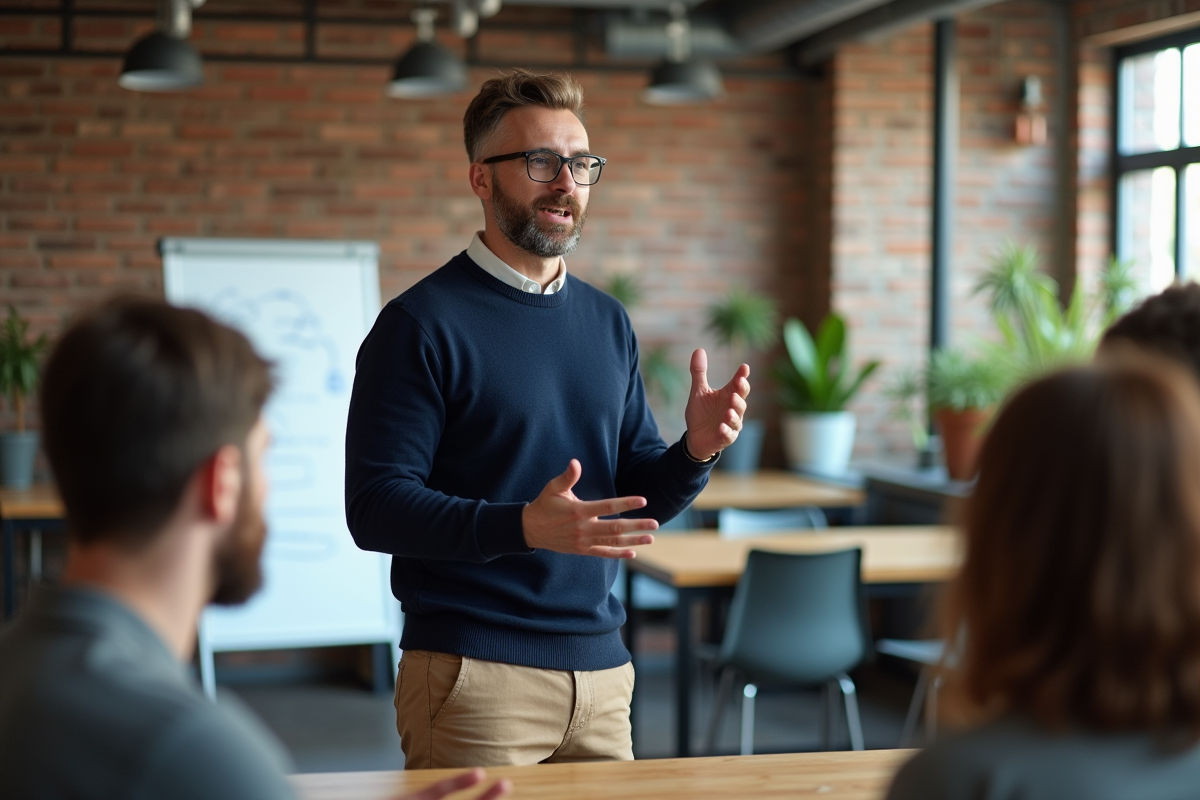 Homme confiant présentant un projet à un groupe