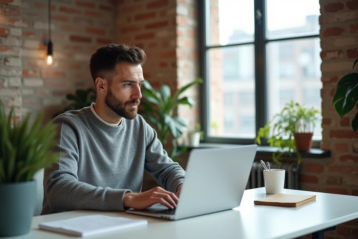 Homme rédigeant une lettre administrative en ligne sur ordinateur portable dans un appartement moderne