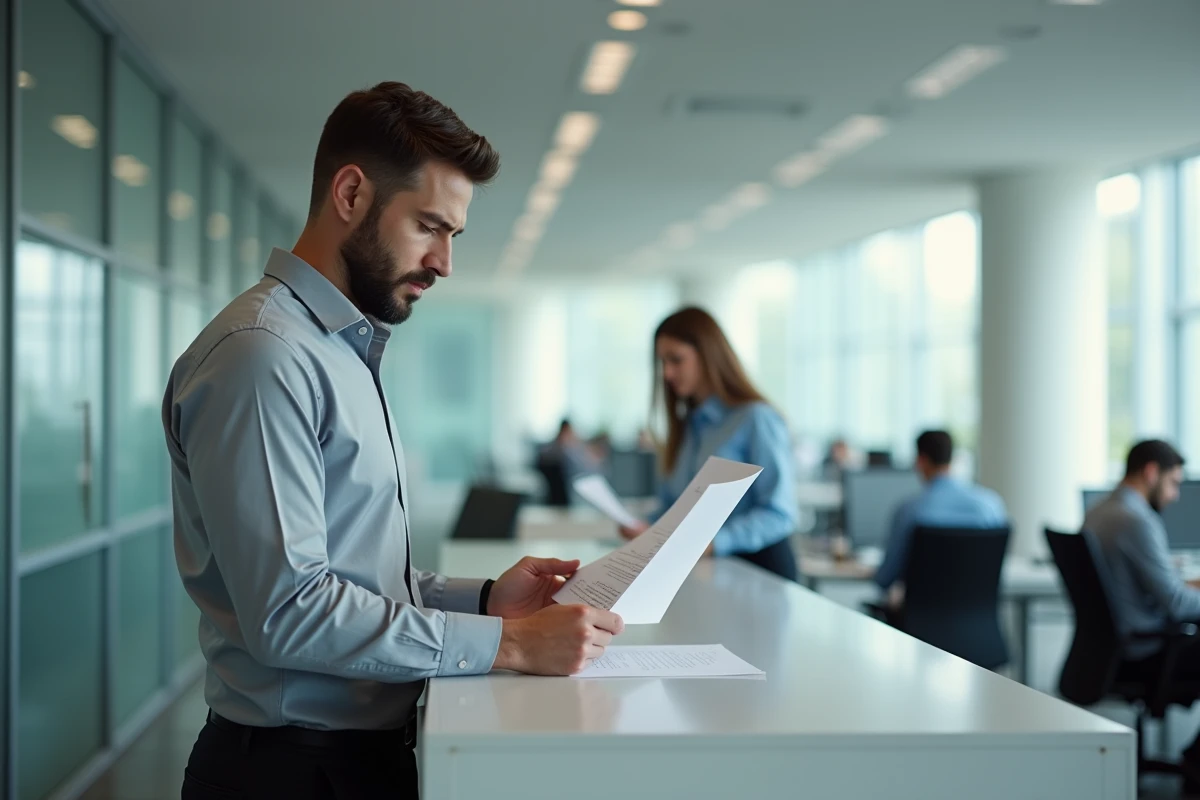 Homme en costume décontracté relisant une lettre de réclamation officielle dans un bureau administratif