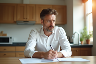 Homme concentré examinant des documents d'investissement dans une cuisine lumineuse