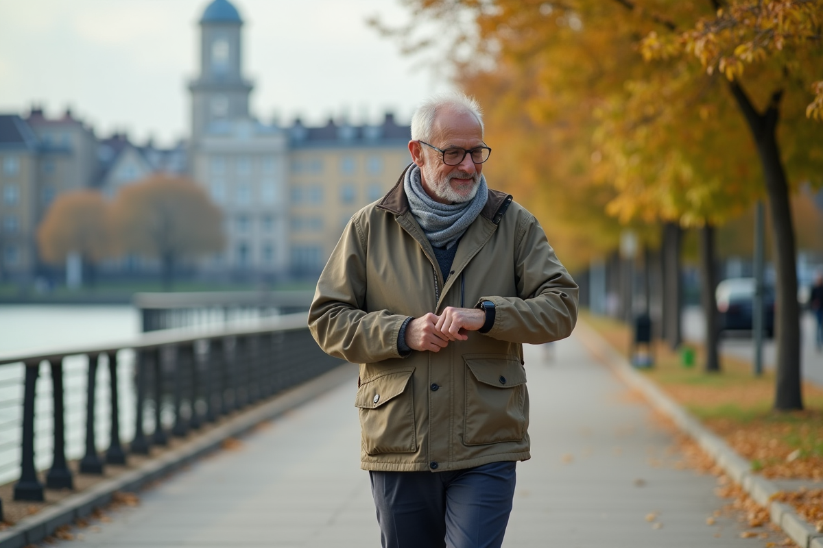 Homme âgé vérifiant son tracker en promenade urbaine