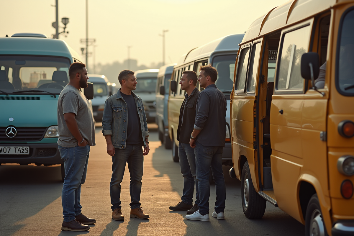 Groupe de personnes inspectant un minibus d occasion en marché