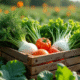 Jardin coloré avec légumes frais dont daikon et dandelion