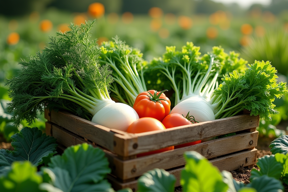 Jardin coloré avec légumes frais dont daikon et dandelion