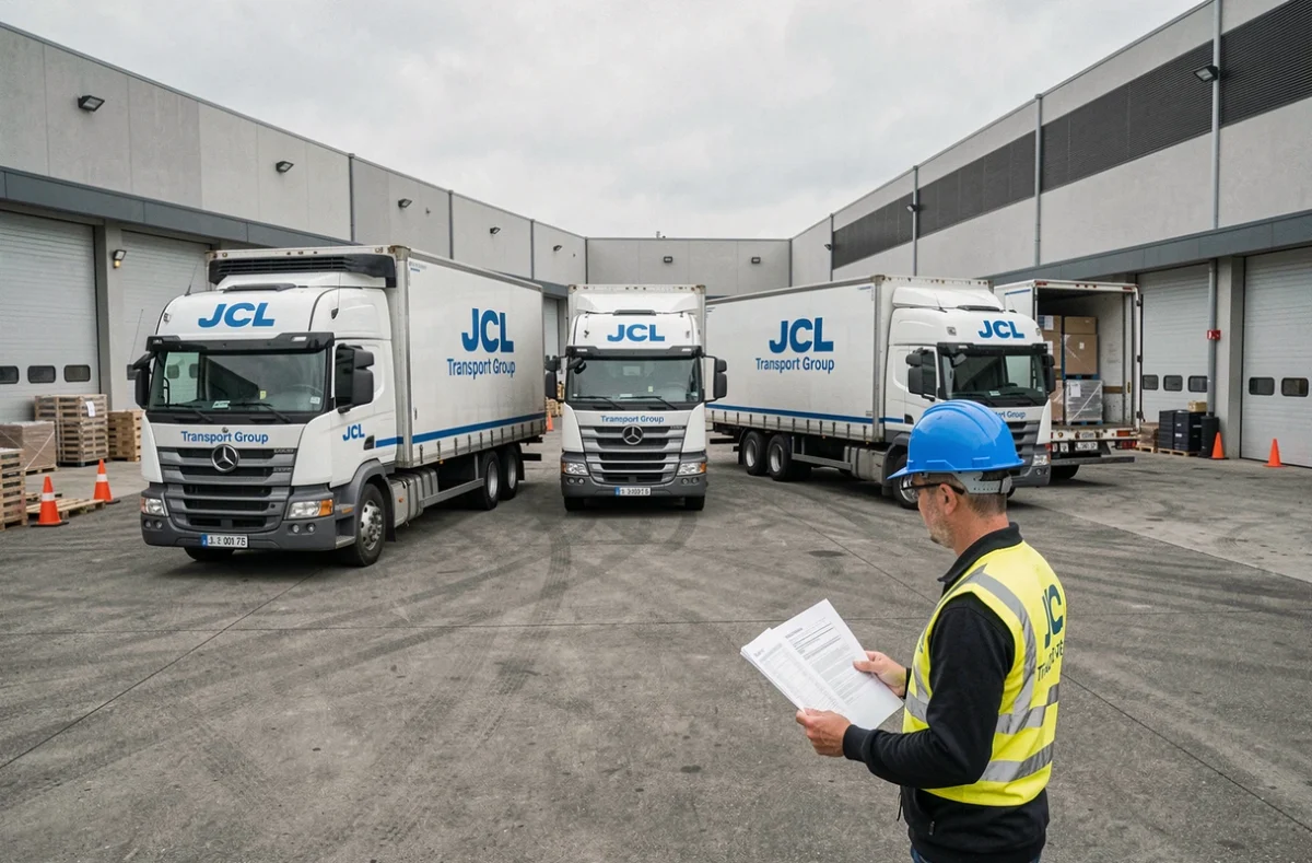 Flotte de camions JCL Transport Group dans un hub logistique avec un responsable consultant des documents de livraison