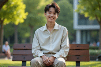 Jeune adulte nonbinaire assis sur un banc dans un parc urbain