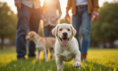 Chiot labrador joyeux jouant avec famille en extérieur