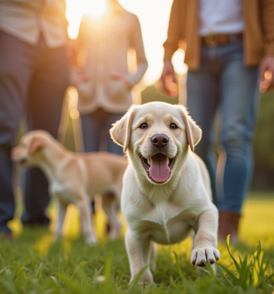 Chiot labrador joyeux jouant avec famille en extérieur