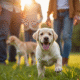 Chiot labrador joyeux jouant avec famille en extérieur