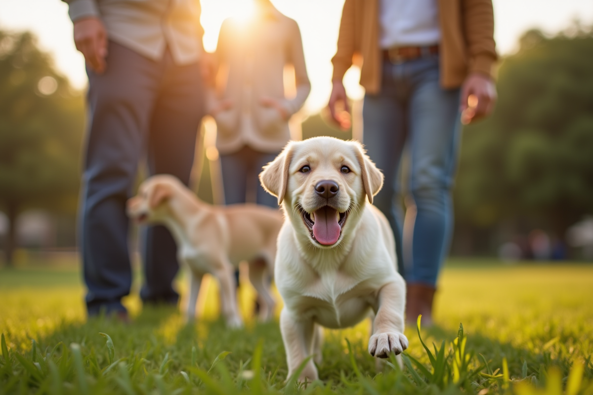 Chiot labrador joyeux jouant avec famille en extérieur