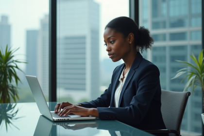 Jeune femme noire travaillant au bureau avec un blazer navy