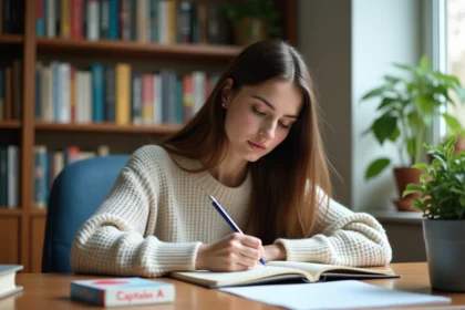 Jeune femme en étude concentrée avec notes et flashcards